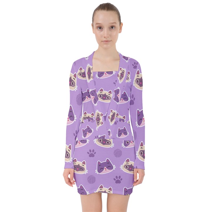 Cute-colorful-cat-kitten-with-paw-yarn-ball-seamless-pattern V-neck Bodycon Long Sleeve Dress