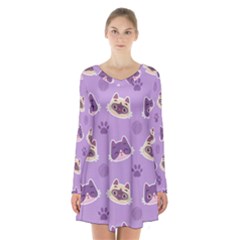 Cute-colorful-cat-kitten-with-paw-yarn-ball-seamless-pattern Long Sleeve Velvet V-neck Dress