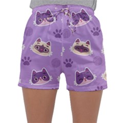 Cute-colorful-cat-kitten-with-paw-yarn-ball-seamless-pattern Sleepwear Shorts by Jancukart