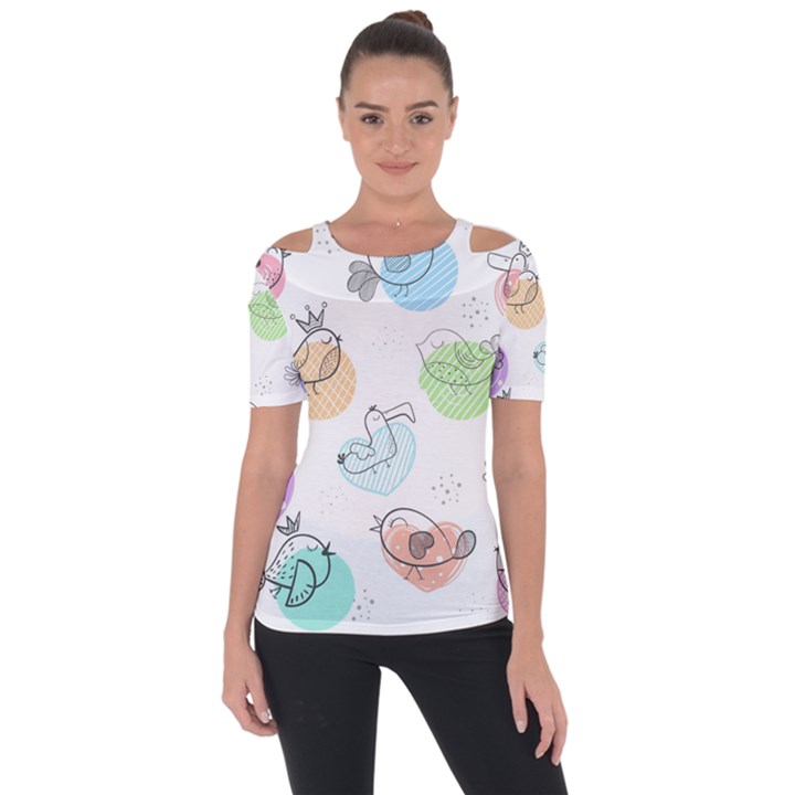 Cartoon-bird-cute-doodle-bird Shoulder Cut Out Short Sleeve Top