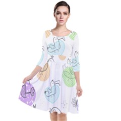 Cartoon-bird-cute-doodle-bird Quarter Sleeve Waist Band Dress by Jancukart