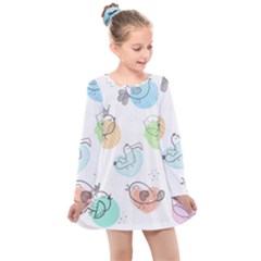 Cartoon-bird-cute-doodle-bird Kids  Long Sleeve Dress by Jancukart