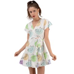 Cartoon-bird-cute-doodle-bird Flutter Sleeve Wrap Dress