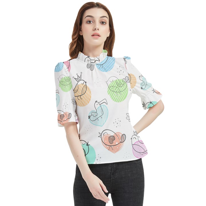 Cartoon-bird-cute-doodle-bird Frill Neck Blouse