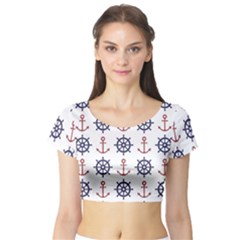 Nautical-seamless-pattern Short Sleeve Crop Top