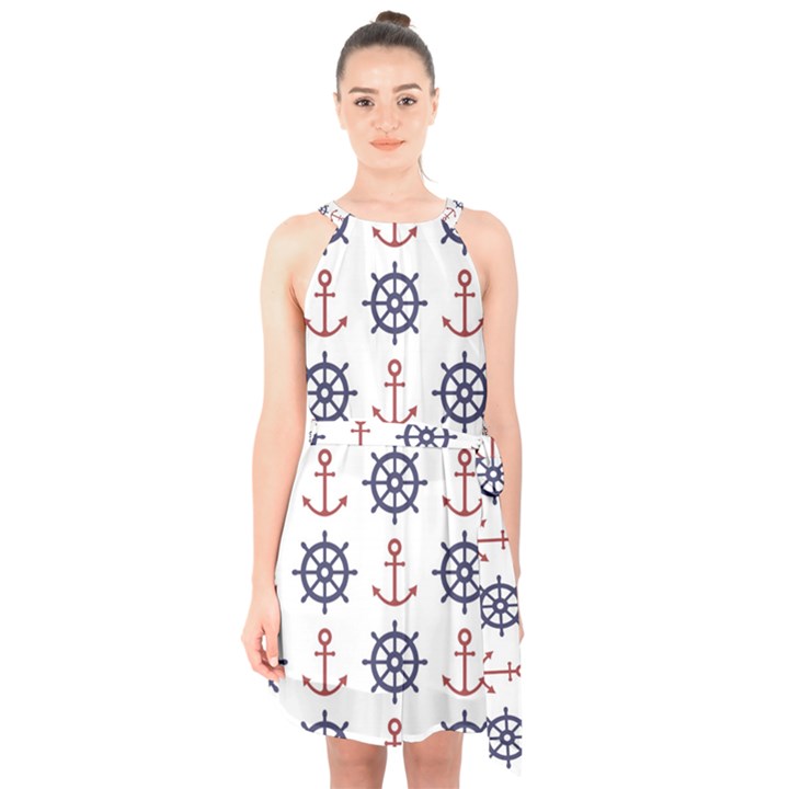 Nautical-seamless-pattern Halter Collar Waist Tie Chiffon Dress