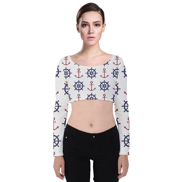 Nautical-seamless-pattern Velvet Long Sleeve Crop Top