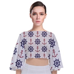 Nautical-seamless-pattern Tie Back Butterfly Sleeve Chiffon Top