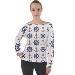 Nautical-seamless-pattern Off Shoulder Long Sleeve Velour Top