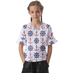 Nautical-seamless-pattern Kids  V-neck Horn Sleeve Blouse