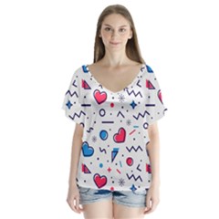 Hearts-seamless-pattern-memphis-style V-neck Flutter Sleeve Top