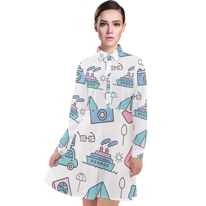 Transportation Seamless Pattern Long Sleeve Chiffon Shirt Dress