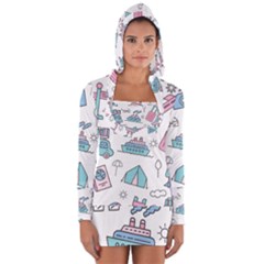 Transportation Seamless Pattern Long Sleeve Hooded T-shirt