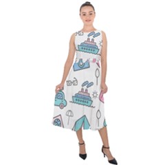 Transportation Seamless Pattern Midi Tie-back Chiffon Dress