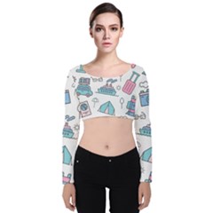 Transportation Seamless Pattern Velvet Long Sleeve Crop Top