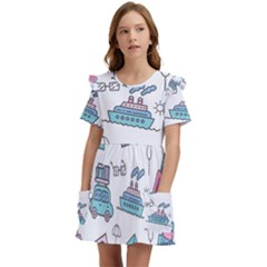 Transportation Seamless Pattern Kids  Frilly Sleeves Pocket Dress