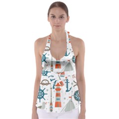 Nautical-elements-pattern-background Babydoll Tankini Top