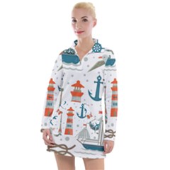 Nautical-elements-pattern-background Women s Long Sleeve Casual Dress