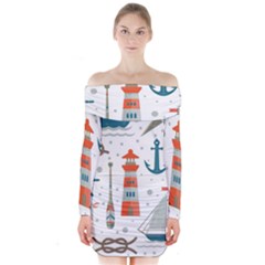 Nautical-elements-pattern-background Long Sleeve Off Shoulder Dress