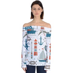 Nautical-elements-pattern-background Off Shoulder Long Sleeve Top