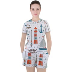 Nautical-elements-pattern-background Women s Tee And Shorts Set