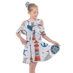 Nautical-elements-pattern-background Kids  Shoulder Cutout Chiffon Dress