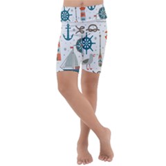 Nautical-elements-pattern-background Kids  Lightweight Velour Cropped Yoga Leggings