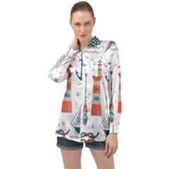 Nautical-elements-pattern-background Long Sleeve Satin Shirt