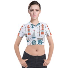 Nautical-elements-pattern-background Short Sleeve Cropped Jacket