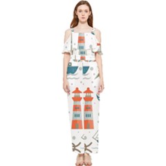 Nautical-elements-pattern-background Draped Sleeveless Chiffon Jumpsuit