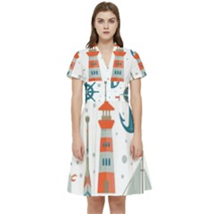 Nautical-elements-pattern-background Short Sleeve Waist Detail Dress