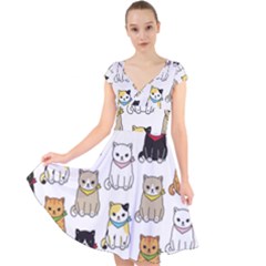 Cat-kitten-seamless-pattern Cap Sleeve Front Wrap Midi Dress