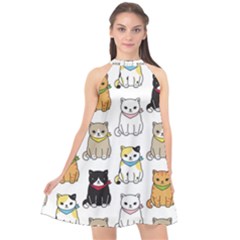 Cat-kitten-seamless-pattern Halter Neckline Chiffon Dress 