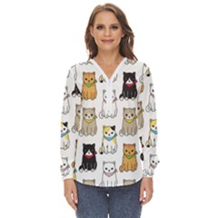 Cat-kitten-seamless-pattern Zip Up Long Sleeve Blouse