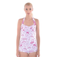 Cute-girly-seamless-pattern Boyleg Halter Swimsuit 