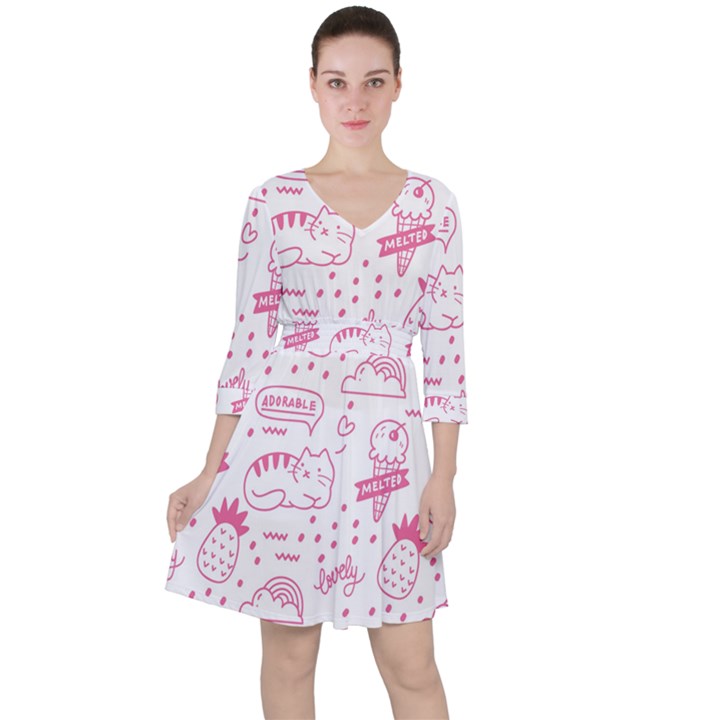 Cute-girly-seamless-pattern Quarter Sleeve Ruffle Waist Dress