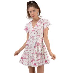 Cute-girly-seamless-pattern Flutter Sleeve Wrap Dress