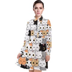 Cute-cat-kitten-cartoon-doodle-seamless-pattern Long Sleeve Chiffon Shirt Dress