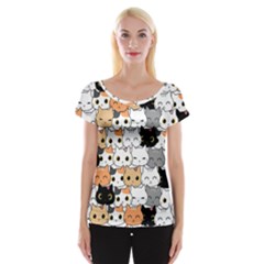 Cute-cat-kitten-cartoon-doodle-seamless-pattern Cap Sleeve Top