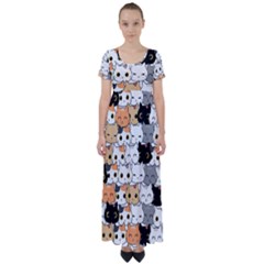 Cute-cat-kitten-cartoon-doodle-seamless-pattern High Waist Short Sleeve Maxi Dress