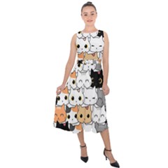 Cute-cat-kitten-cartoon-doodle-seamless-pattern Midi Tie-back Chiffon Dress