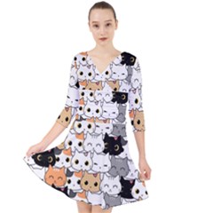 Cute-cat-kitten-cartoon-doodle-seamless-pattern Quarter Sleeve Front Wrap Dress