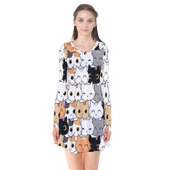 Cute-cat-kitten-cartoon-doodle-seamless-pattern Long Sleeve V-neck Flare Dress