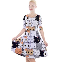 Cute-cat-kitten-cartoon-doodle-seamless-pattern Quarter Sleeve A-line Dress