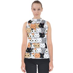 Cute-cat-kitten-cartoon-doodle-seamless-pattern Mock Neck Shell Top