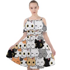 Cute-cat-kitten-cartoon-doodle-seamless-pattern Cut Out Shoulders Chiffon Dress