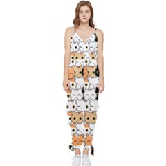 Cute-cat-kitten-cartoon-doodle-seamless-pattern Sleeveless Tie Ankle Chiffon Jumpsuit