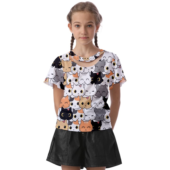 Cute-cat-kitten-cartoon-doodle-seamless-pattern Kids  Front Cut Tee