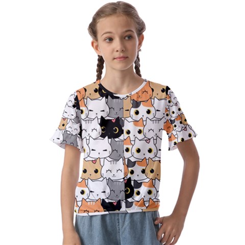 Cute-cat-kitten-cartoon-doodle-seamless-pattern Kids  Cuff Sleeve Scrunch Bottom Tee by Jancukart