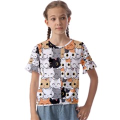 Cute-cat-kitten-cartoon-doodle-seamless-pattern Kids  Cuff Sleeve Scrunch Bottom Tee